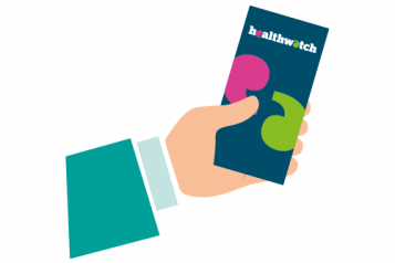 A graphic of a hand holding a Healthwatch leaflet