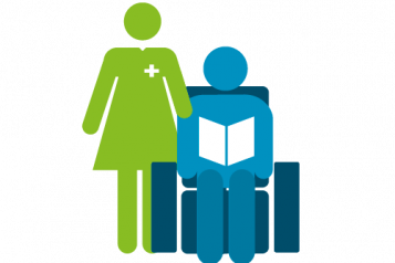 Icon of a nurse checking on a person sitting in a chair reading a book