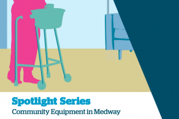 Report cover of the Spotlight on Community Equipment services. The cover is an illustration of a woman using a walking aid around the house.