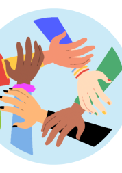 within a light blue circle there are five hands holding each others arms in a circle of friendship. there are green and pick speech bubbles to the side.