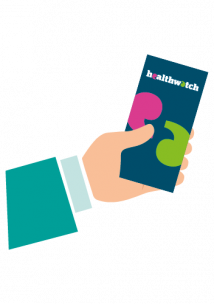 A graphic of a hand holding a Healthwatch leaflet